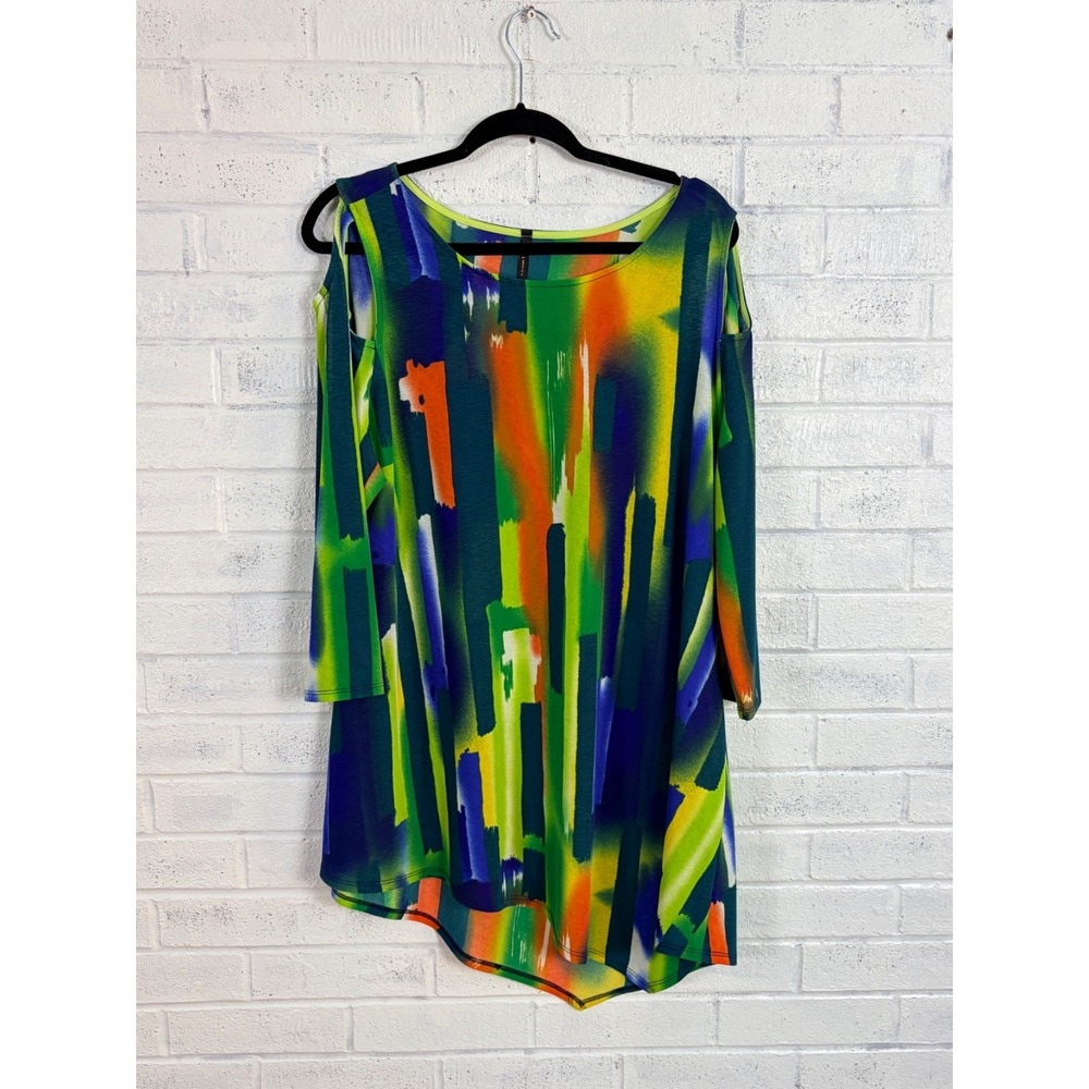 IC by Connie K Cold Shoulder Tunic Top Womens XL Abstract Colorful Stretch Artsy